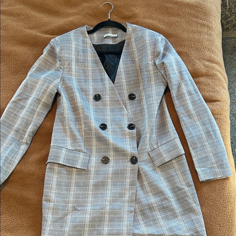 Gray Plaid Double-Breasted Blazer Dress - Picture 1 of 11